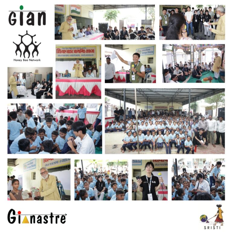 Japanese students and professionals participating in a cleanliness awareness activity at a government school in Shiyavada, Learn in Bharat