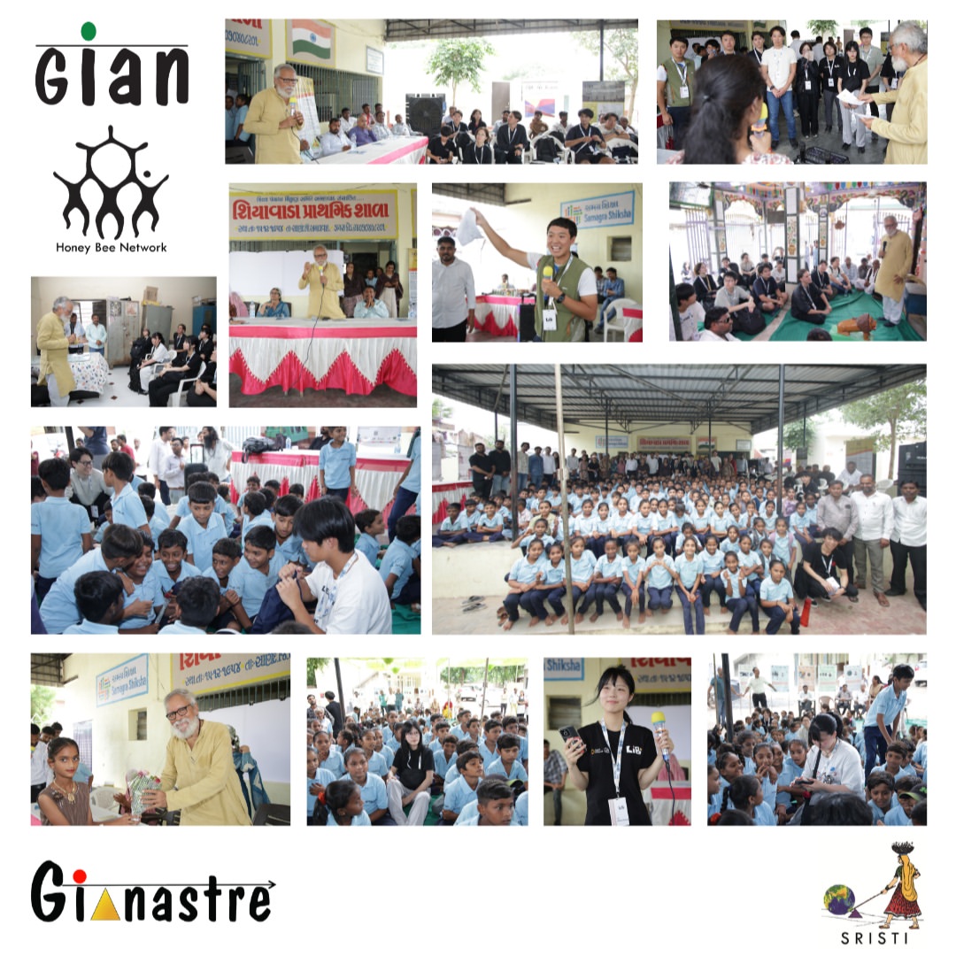 Japanese students and professionals participating in a cleanliness awareness activity at a government school in Shiyavada, Learn in Bharat